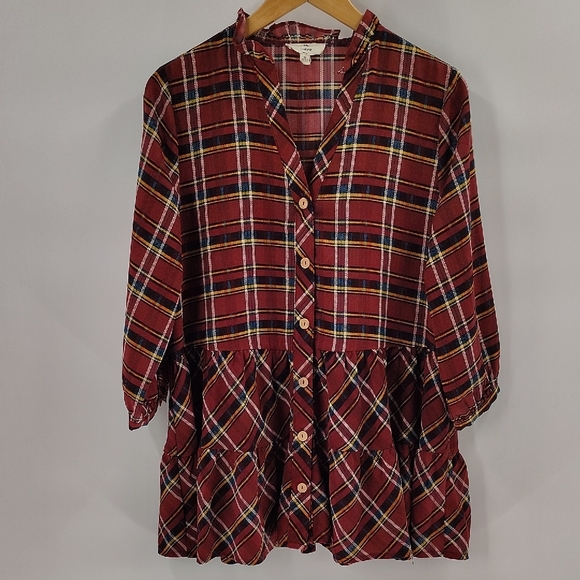 Entro Rust Red Plaid Button Down Mini Dress Size Medium Quarter Sleeve - Picture 1 of 7